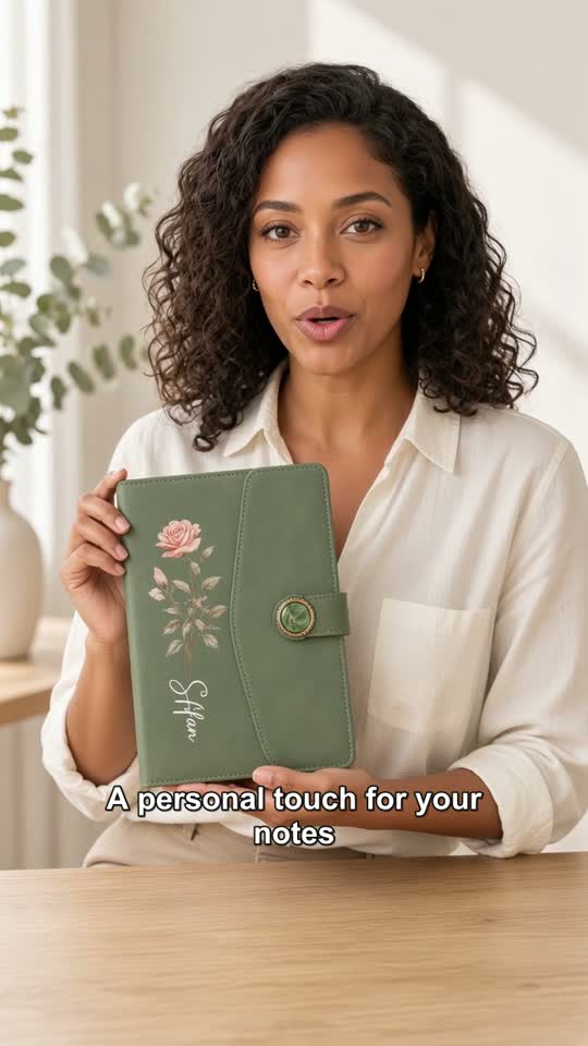 Presentadora de IA sosteniendo y explicando un cuaderno verde floral personalizado